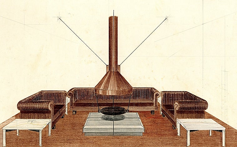 Imagen principal - Arriba, interior diseñado por Miguel Milà y conservado en el archivo del Museo del Diseño de Barcelona. Sobre estas líneas, 'Mesa Harpo' y 'Silla Gata'