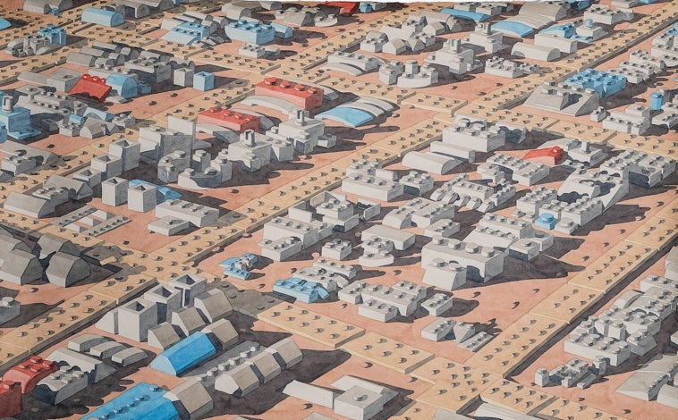 Imagen principal - Arriba, 'Zaatari, campo de refugiados'. Sobre estas líneas, dos obras sobre papel de la serie 'Babel'