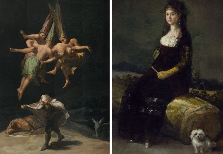 Goya. A la izquierda, 'Vuelo de brujas'. A la derecha, retrato de Joaquina Candado Ricarte