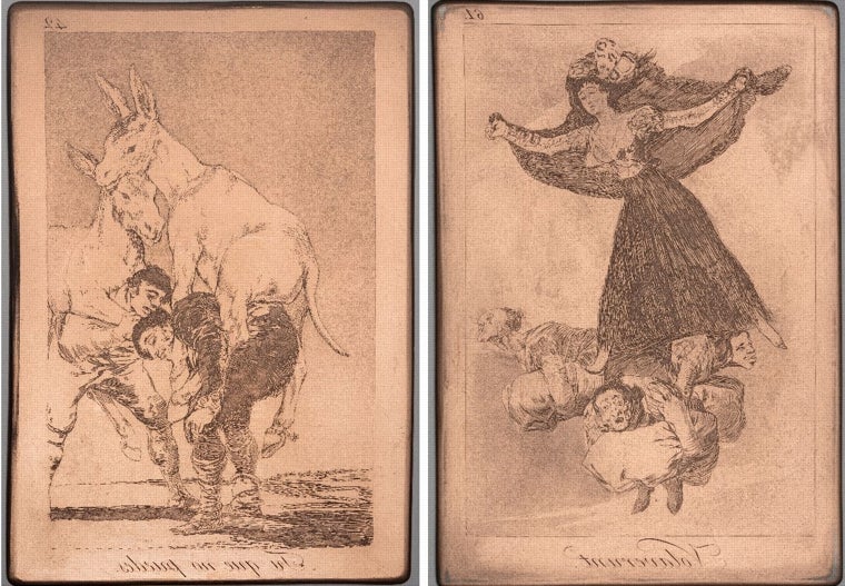 Goya. A la izquierda, plancha de cobre del número 42 de los 'Caprichos, 'Tú que no puedes'. A la derecha, plancha de cobre del número 61 de los 'Caprichos', 'Volaverunt'