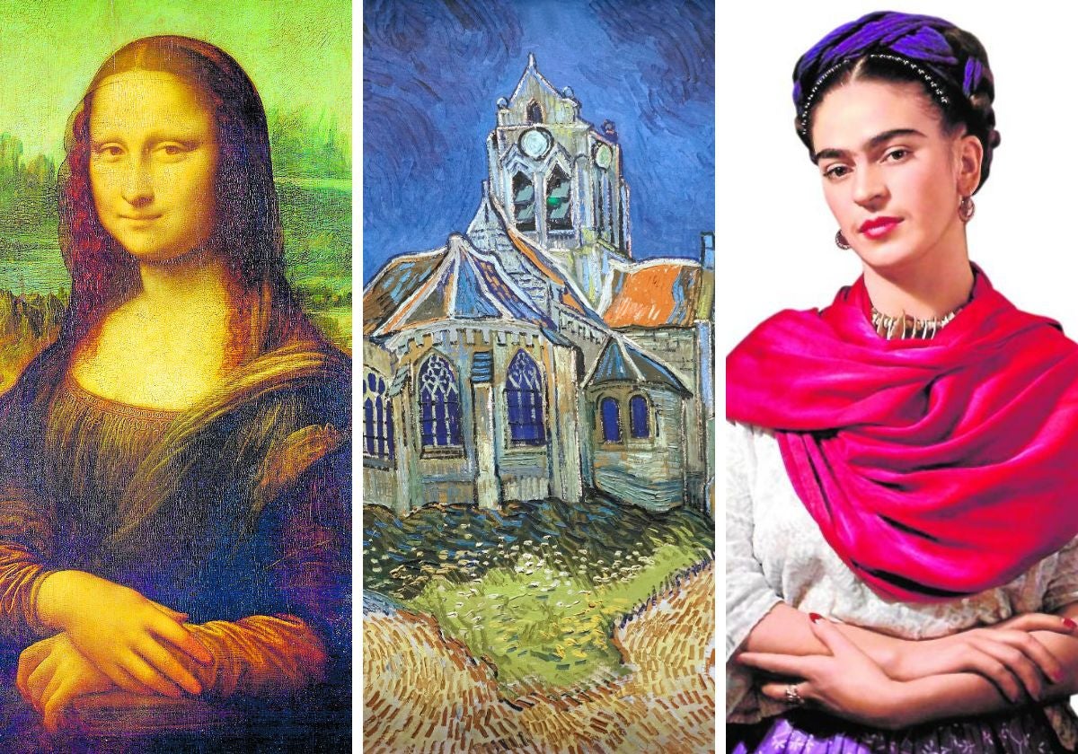 De izquierda a derecha, 'Mona Lisa' de Leonardo da Vinci; 'La iglesia de Auvers-sur-Oise', de Van Gogh, y un retrato de Frida Kahlo