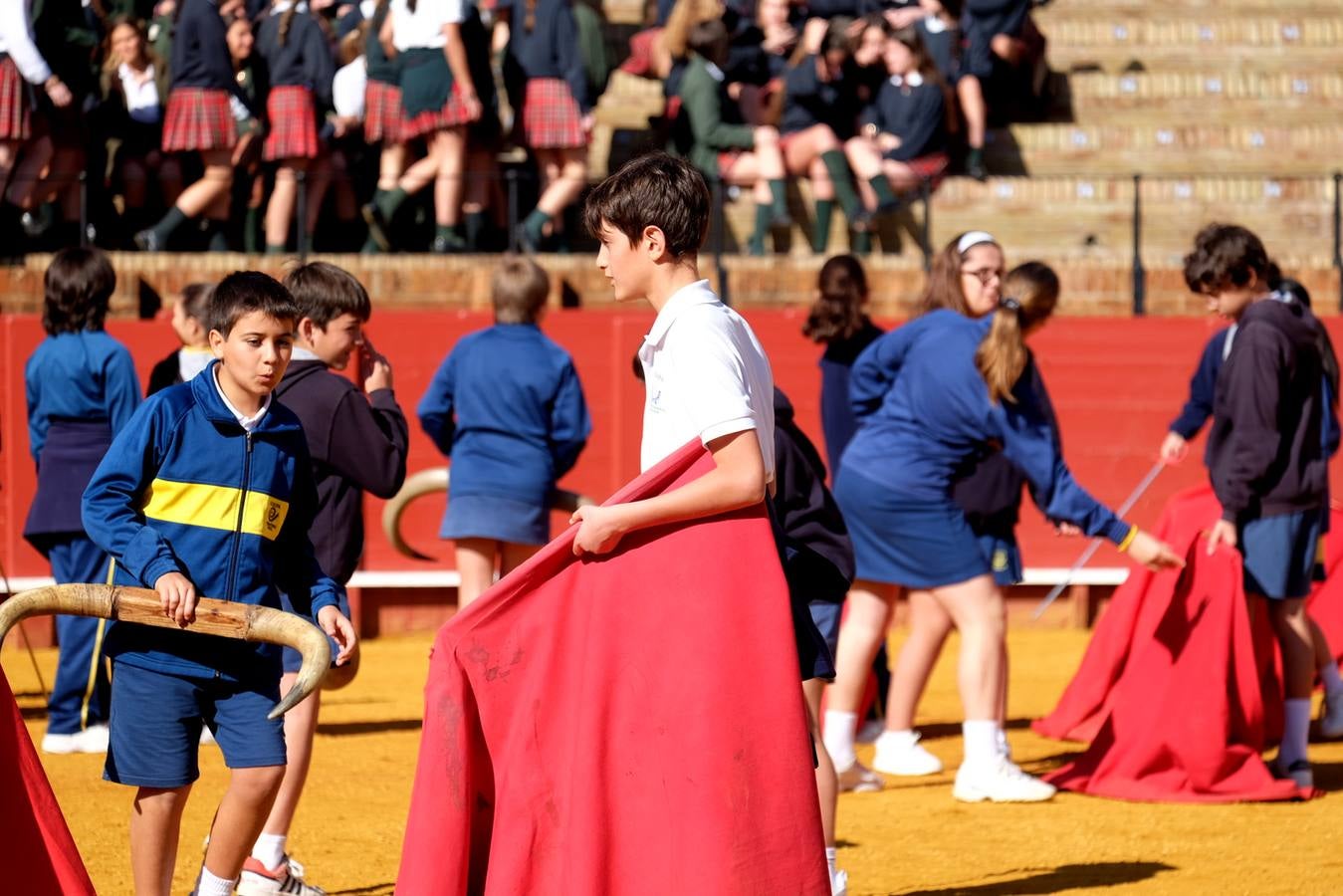 Los escolares, este jueves, disfrutando en el ruedo de la plaza de la Maestranza de Sevilla