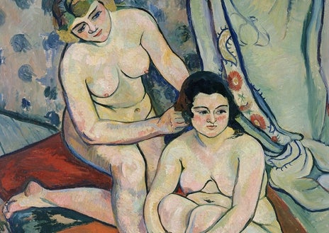 Imagen secundaria 1 - De arriba abajo, 'El futuro revelado o La tiradora de cartas' (1912); 'Las bañistas' (1923); y ‘Autorretrato en el espejo’