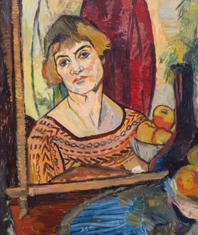 Imagen secundaria 2 - De arriba abajo, 'El futuro revelado o La tiradora de cartas' (1912); 'Las bañistas' (1923); y ‘Autorretrato en el espejo’