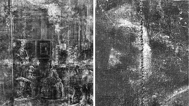 A la izquierda, radiografía de 'Las Meninas' realizada en 1982. A la derecha, detalle de una de las costuras que atraviesa el lienzo, vista con Rayos X