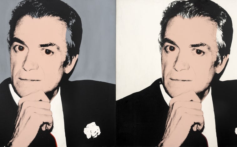 Imagen principal - De arriba abajo, doble retrato que Warhol realizó a Vijande; el artista neoyorkino en Toledo, fotografiado por Teresa Nieto; y uno de las  'imágenes alteradas' que Makos hizo de Warhol