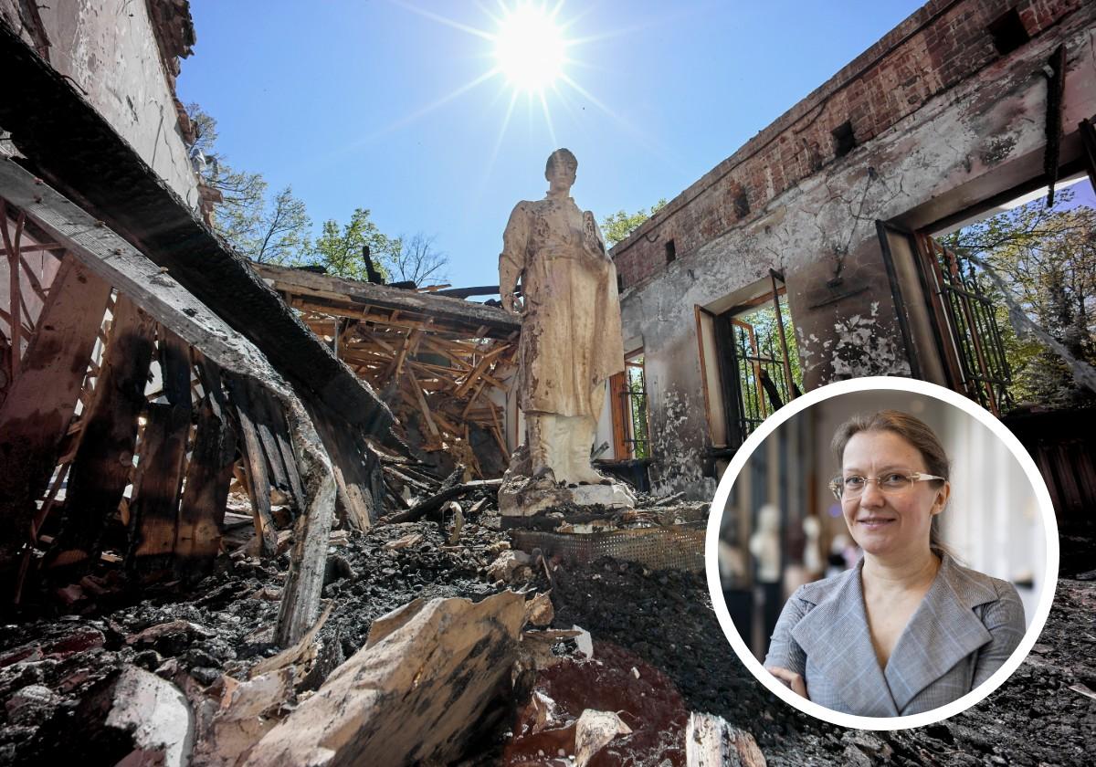 Yuliya Lytvynets, en una visita al Prado. En la otra imagen, el museo dedicado a Skovoroda totalmente destruido