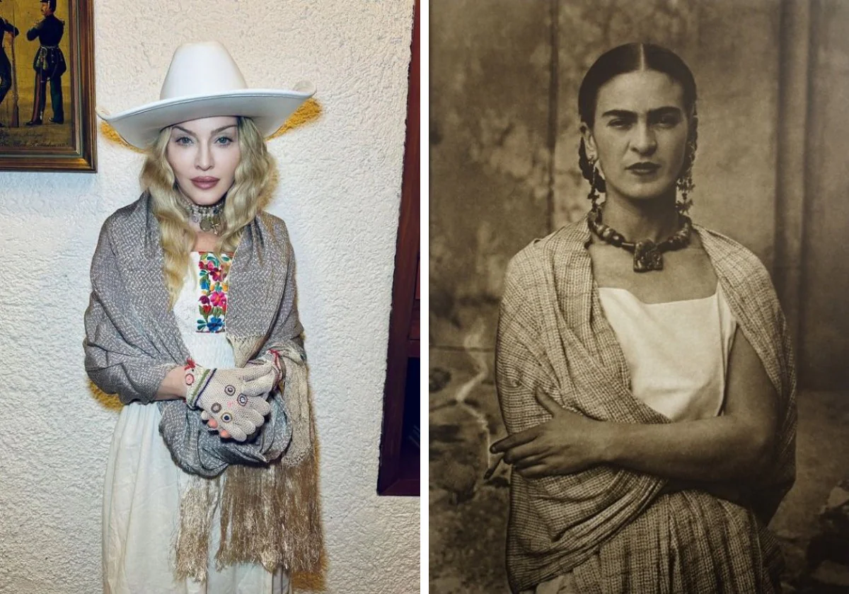 A la izquierda, la fotorafía que subió Madonna a sus redes sociales, a la derecha, Frida Kahlo