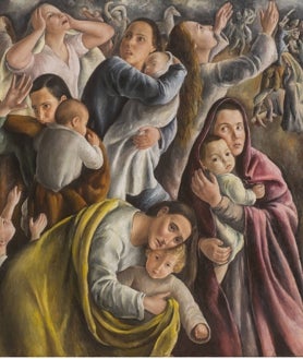 Imagen secundaria 2 - Arriba, 'Adán y Eva' (1932). Museo Reina Sofía. Sobre estas líneas, a la izquierda, 'Lavanderas' (detalle), 1934. Colección privada; a la derecha, 'La matanza de los inocentes' (1936). Museo de Bellas Artes de Valencia