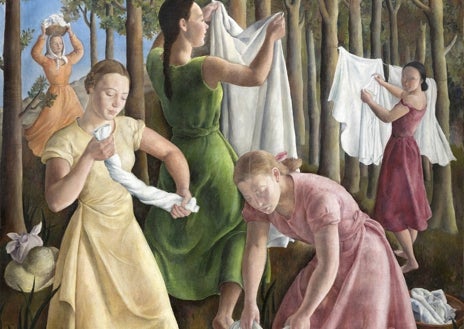 Imagen secundaria 1 - Arriba, 'Adán y Eva' (1932). Museo Reina Sofía. Sobre estas líneas, a la izquierda, 'Lavanderas' (detalle), 1934. Colección privada; a la derecha, 'La matanza de los inocentes' (1936). Museo de Bellas Artes de Valencia