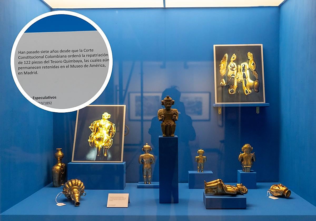 Una obra de 'Espejito Espejito' reproduce réplicas de piezas del tesoro Quimbaya, que, según el artista, está «retenido» en Madrid. El museo avisa de que las visiones de los artistas «no representan necesariamente la opinión de la institución»