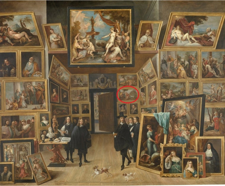 David Teniers el Joven (1610-1690). 'El archiduque Leopoldo Guillermo de Austria en su pinacoteca de Bruselas', 1647-51. 'El descanso en la huida a Egipto', de Tiziano, aparece en el centro del cuadro (marcado en color rojo)