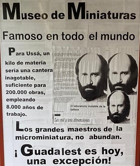 Imagen secundaria 2 - Arriba: estantería del Museo de Saleros y Pimenteros / Abajo izquierda: escultura de la Catedral de San Basilio (Moscú), tallada en una conchan, en el Museo de las Miniaturas. /Abajo derecha: cartel del Museo de Miniaturas con informaciones y recortes. 