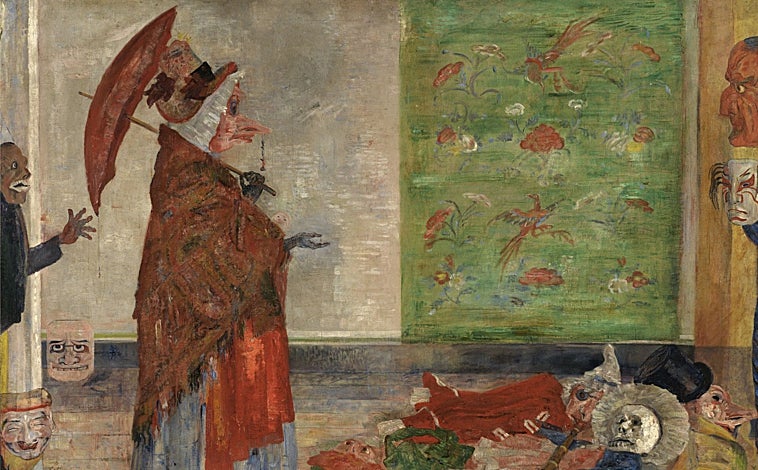 Imagen principal - Arriba, James Ensor, 'El asombro de la mujer enmascarada', 1889. KMSKA, Amberes. Sobre estas líneas, a la izquierda, Inge Grognard & Ronald Stoops, 2001. A la derecha, la modelo Kate Moss, en 'i-D Magazine', 1996. Maquillaje: Linda Cantello. Peluquería: Julien d'Ys