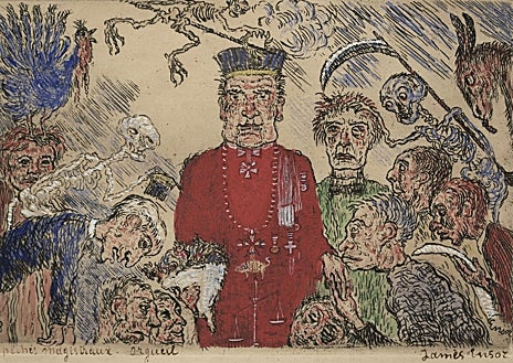 Imagen secundaria 1 - Arriba, 'Mi retrato en 1960', 1888. Aguafuerte y acuarela. Colección privada. Sobre estas líneas, a la izquierda, 'Orgullo', 1904, aguafuerte y acuarela, Colección P.F. (versión coloreada). A la derecha, 'Los cocineros peligrosos', 1896, lápiz, tiza y gouache. Museo Plantin-Moretus, Amberes. Detalle