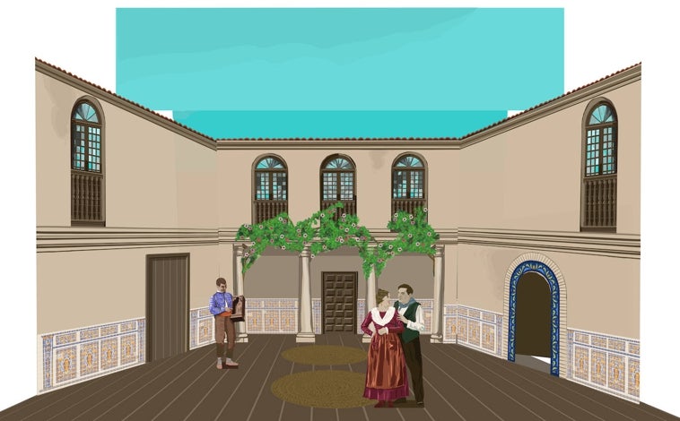 Imagen principal - El boceto de la recreación de la escenografía de 'La rosa del azafán', la maqueta y la foto original -con Luisa Vela y Emilio Sagi Barba- incorporada al teatrillo