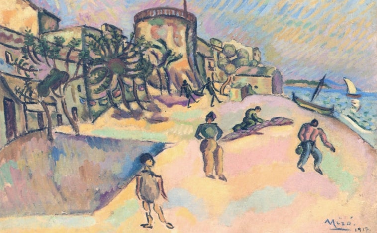Imagen principal - Arriba, 'Cambrils, la playa' (1917), de Joan Miró. Colección Nahmad. Sobre estas líneas, a la izquierda, 'Naturaleza muerta II (la lámpara de carburo)', 1922-1923, de Joan Miró. MoMA, Nueva York. A la derecha, 'Pintura (El guante blanco)', 1925, de Joan Miró. Fundación Miró de Barcelona