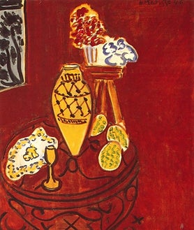 Imagen secundaria 2 - De arriba abajo, 'Cambrils, la playa' (1907), y 'el guante blanco', ambas obras de Miró; y 'Naturaleza muerta. Interor rojo', de Matisse