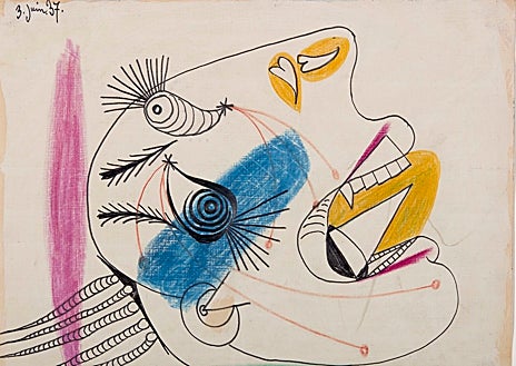 Imagen secundaria 1 - Arriba, 'El barrio madrileño de Vallecas (1936-1937), de Robert Capa. Sobre estas líneas, a la izquierda, 'Estudio para una cabeza llorando I', de Picasso, dibujo preparatorio para 'Guernica', 1937. A la derecha, 'Prou del Pilar dansant' (1934), de Man Ray