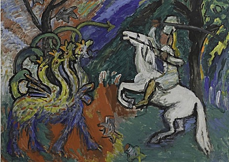 Imagen secundaria 1 - Arriba, 'El lago azul' (1954). Sobre estas líneas, a la izquierda, 'Lucha contra el dragón' (1913). A la derecha, 'Paseo en barca' (1910). Detalle
