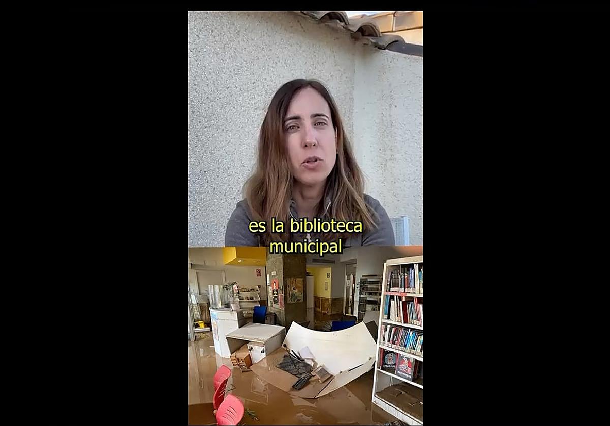 Nuria Collado en el vídeo de la campaña. Abajo, el estado en el que quedó la biblioteca