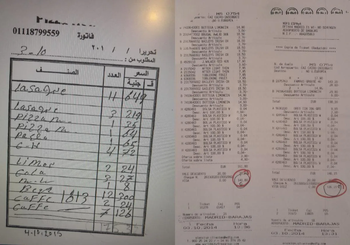 Facturas de licores comprados en el Duty Free y de una cena