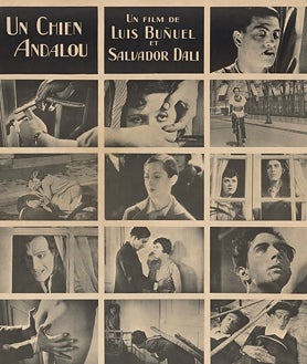 Imagen secundaria 2 - De arriba abajo, aparición de Ernst como actor en 'La edad de Oro' de Buñuel; 'En las antípodas del paisaje', de 1936; y cartel de 'Un perro andaluz'