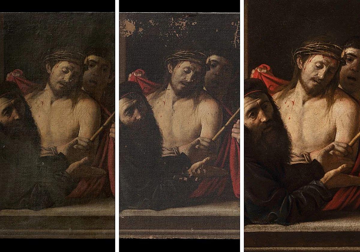 De izquierda a derecha, el 'Ecce Homo' de Caravaggio antes de la restauración, durante los trabajos, y ya restaurado