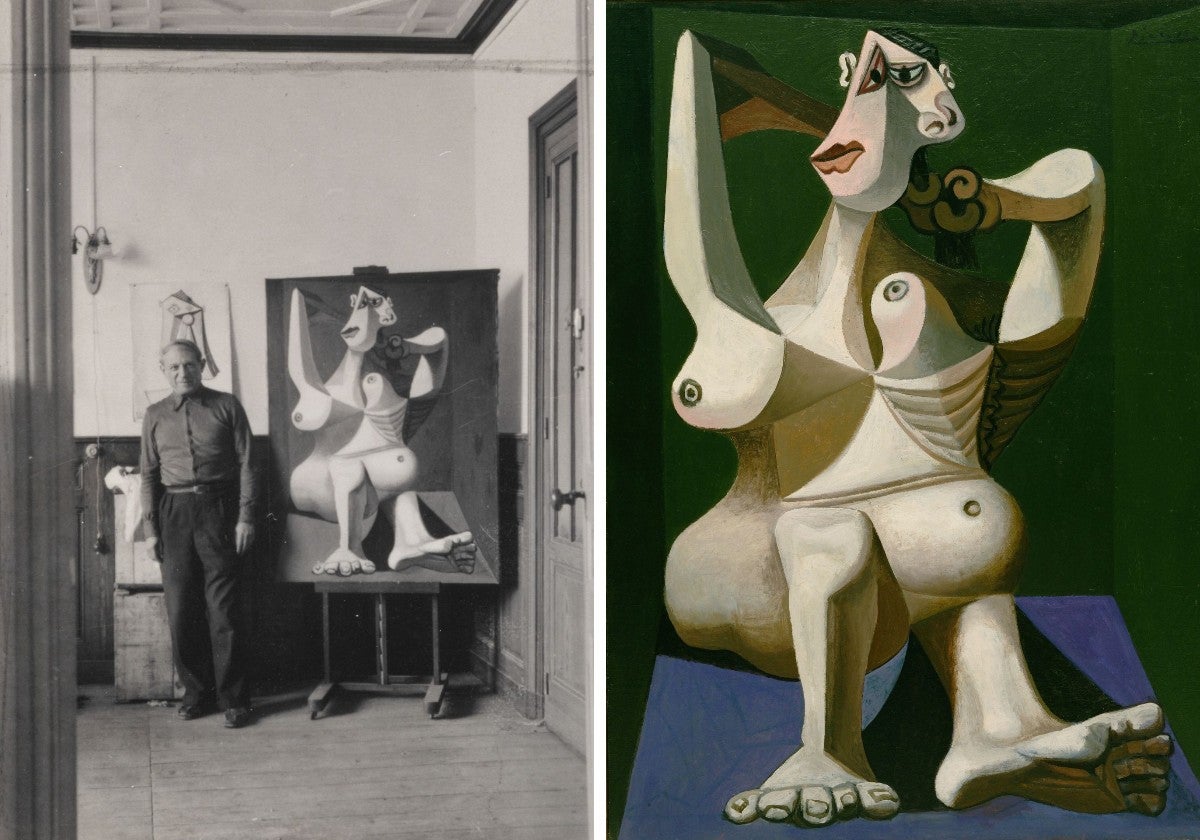 A la izquierda, Picasso posando junto a 'Mujer peinándose'. Les Voiliers, Royan, verano de 1940. Fotografía de Dora Maar. Museo Picasso de París. A la derecha, 'Mujer peinándose', de Picasso. MoMA, Nueva York