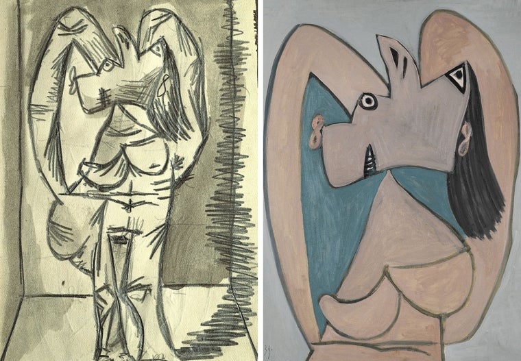 A la izquierda, estudio para 'Busto de mujer con los brazos cruzados detrás de la cabeza', de Picasso. Del 'Cuaderno 202'. Royan, 3-9 de noviembre de 1939. Museo Picasso Málaga. A la derecha, 'Busto de mujer con los brazos cruzados detrás de la cabeza', de Picasso. Royan, 7 de noviembre de 1939. Museo Picasso Málaga