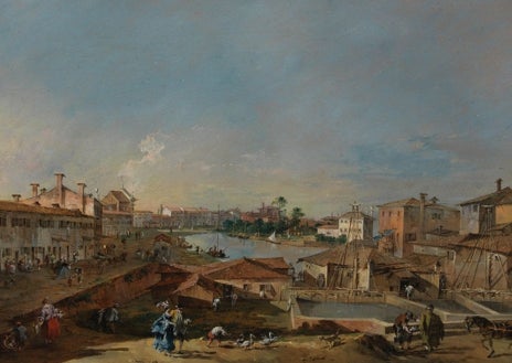 Imagen secundaria 1 - De arriba abajo, 'La partida del bucintoro' (h. 1765-1780); 'Las compuertas de Dolo' (h. 1774); y 'El pórtico del Palacio Ducal' (c. 1778)