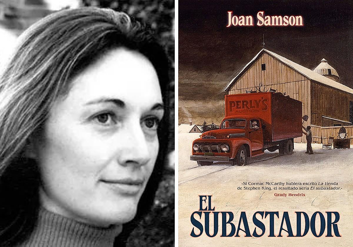 La escritora Joan Samson junto a la portada de 'El Subastador' original rescatada por Minotauro