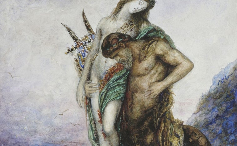 Imagen principal - De arriba abajo, 'Poema muerto...', de Gustav Moreau; detalle de 'Después del almuerzo', de Renoir; y 'Hotel des Roches Noires', de Monet