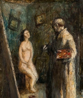 Imagen secundaria 2 - De arriba abajo, una mujer contempla uno de los retratos de Gil; aguada sin título ni fecha del autor; y el lienzo 'El pintor y su modelo', de 1951