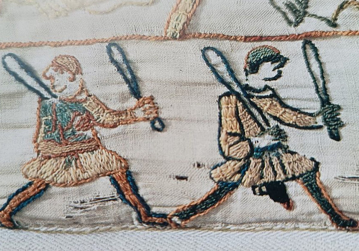 Detalle del tapiz de Bayeux con el controvertido pene