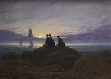 Imagen secundaria 1 - De arriba abajo, 'Cueva en el Harz'; 'Salida de la luna a la orilla del mar'; y 'Mujer antes de la salida del sol', obras de David Friedrich