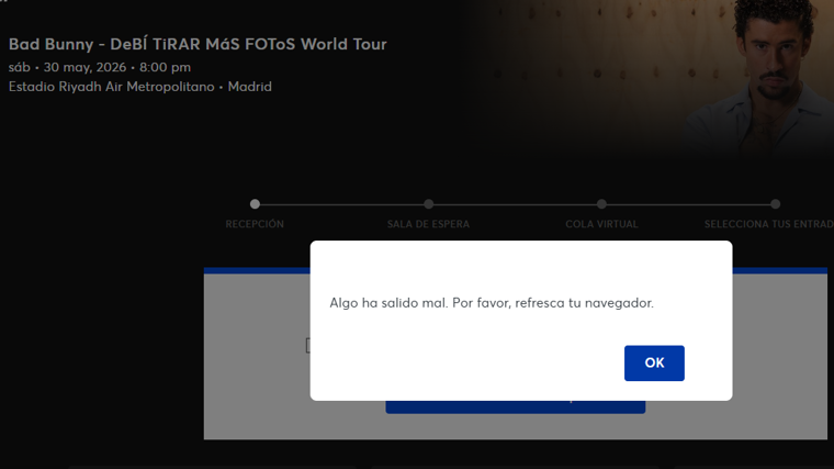Muchos usuarios no han podido acceder a la sala de espera del concierto de Bad Bunny en Madrid y Barcelona
