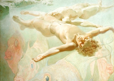Imagen secundaria 1 - Arriba, 'Hércules prepara la tumba de Pirene'. Sobre estas líneas, a la izquierda, 'Poema atlántico. Mar en reposo'; a la derecha, 'El fandango del candil de Gustavo Durán. La niña bonita'