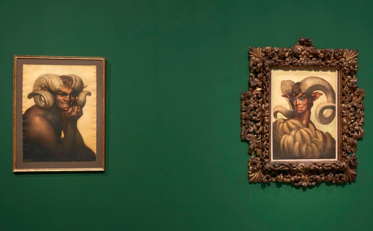 Imagen principal - Arriba, dos de los sátiros pintados por Néstor, en una sala del Reina Sofía. Sobre estas líneas, a la izquierda, 'Poema atlántico. La tarde'; a la derecha, 'La hermana de las rosas'