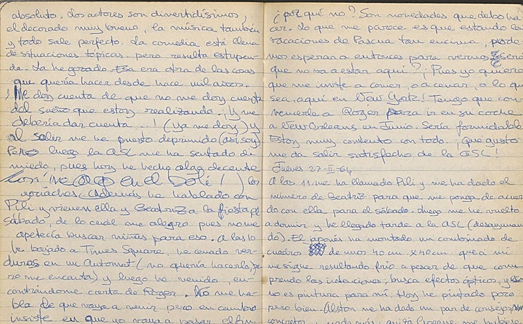 Imagen principal - En la primera foto, imagen de este 'Diario de Nueva York' de Zulueta; en la segunda foto, vemos un cuadro realizado en su estancia en la Arts Students League; en la imagen vertical, junto a su abuela, en Battery Park 
