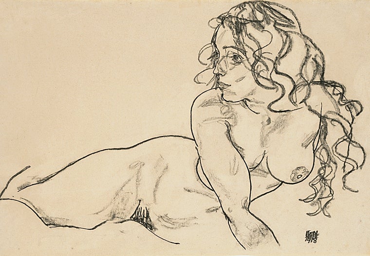 Egon Schiele. 'Mujer desnuda con pelo largo reclinada', 1918