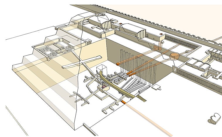 Imagen principal - Vista axonométrica de la pirámide escalonada de Djoser y su red de galerías subterráneas. En naranja, los hallazgos de la misión letona (según D. Monnier, 'L'univers fascinant des pyramides d'Égypte, Editorial Faton, 2021)) Mano momificada del faraón Neferefra hallada en su pirámide. Pirámide de Sinky, que aún conserva las rampas utilizadas para su construcción
