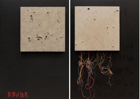 İkincil Görüntü 1 - Gustavo Torner tarafından üç eser. Yukarıda, 'Simulation XIV (Brumario)', 1989. Bu çizgilerde solda 'Oidipus (Stravinsky II'ye haraç)', 2008. Sağda, 'Altın ve Ash', 2004, 2004