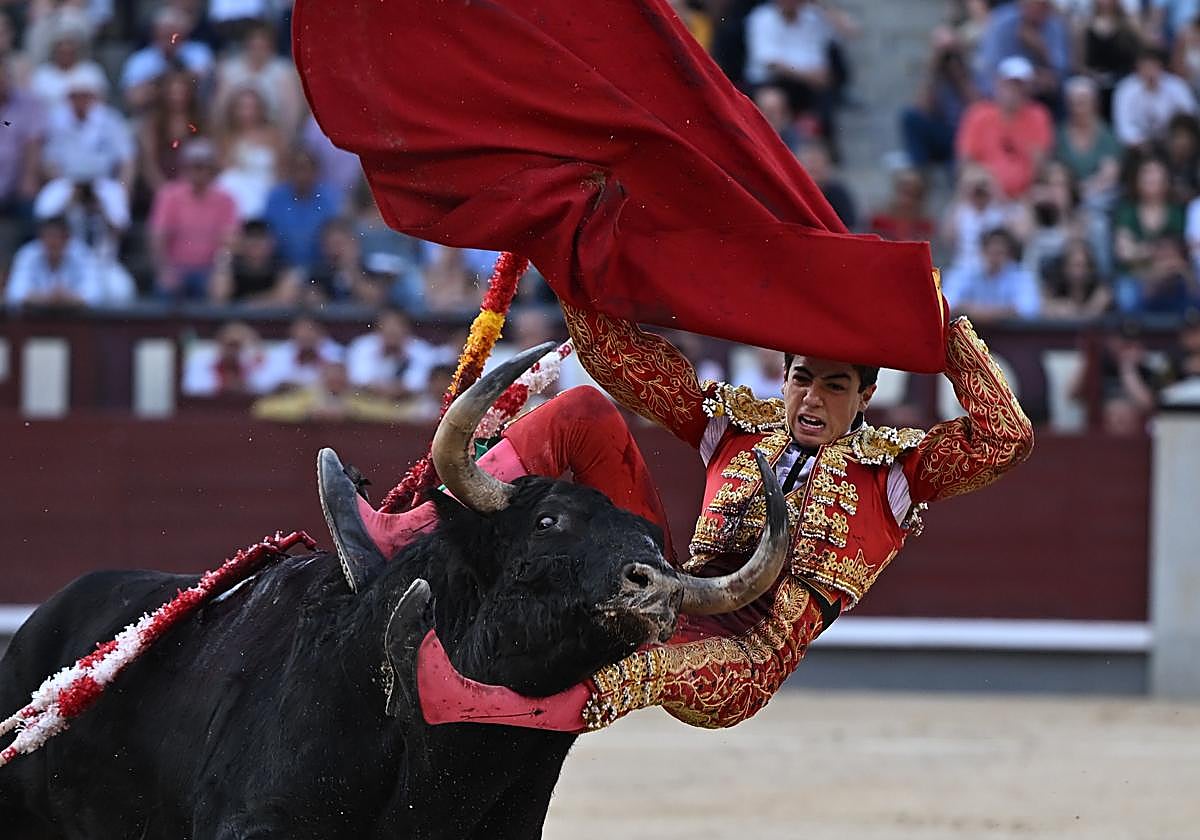 El novillero Marco Pérez cogido durante la novillada con picadores
