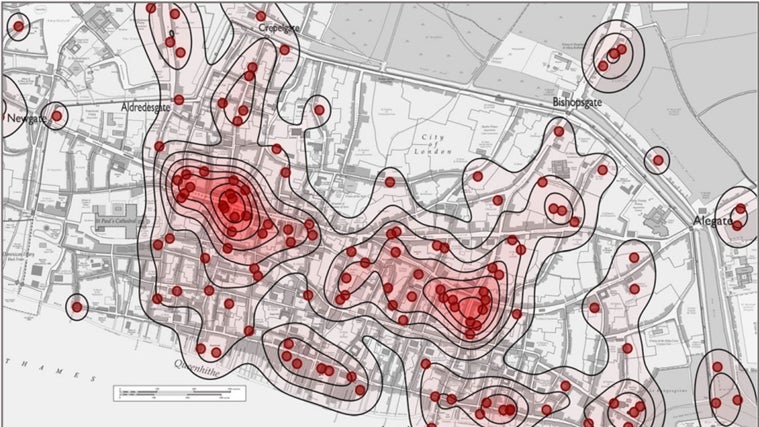 Mapa de los puntos calientes de homicidios en el Londres medieval