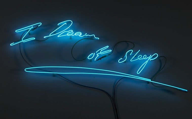 Imagen principal - Arriba, Tracey Emin. 'I Dream of Sleep', 2002. Sobre estas líneas, a la izquierda, Vivian Suter. 'Untitled'. A la derecha, Yamguen. 'L'arrière pays mental', 2023.