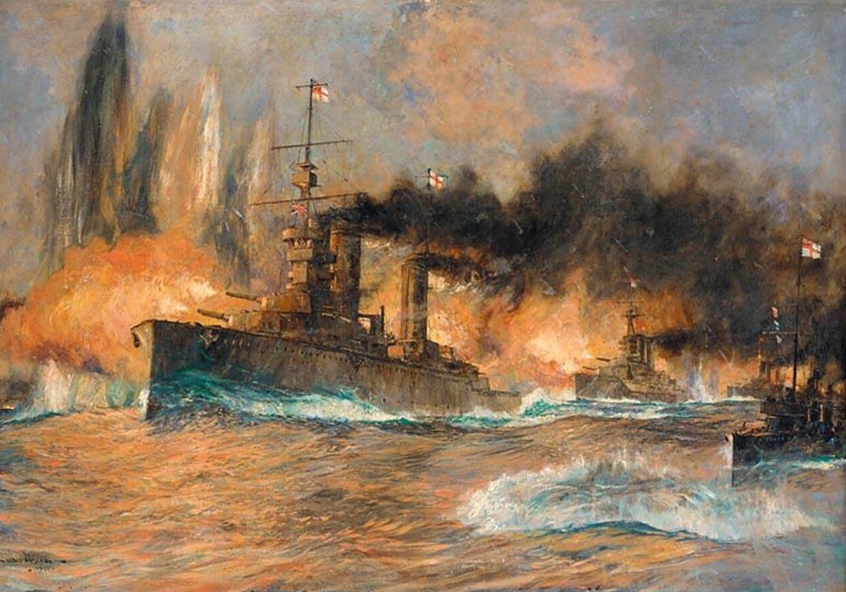 La nave insignia del almirante Jellicoe,  en plena batalla contra los alemanes. Pintura al óleo de Charles Edward Dixon