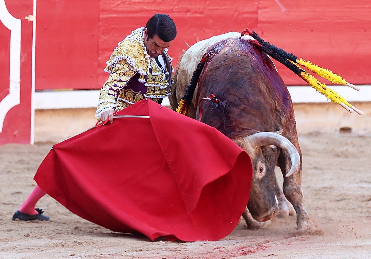 Emilio de Justo, genuflexo y con el mentón hundido ante Tallista
