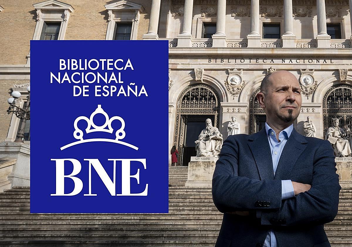Óscar Arroyo, director de la BNE. A la izquierda, el logo actual, diseñado por Alberto Corazón en 2005
