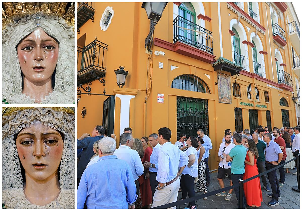 Colas para acceder al Cabildo General de la Hermandad. A la izquierda, el antes y el después de la Virgen tras la restauración